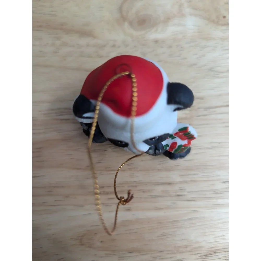 Russ ceramic Christmas Santa hat scraf Panda‎ bear hanging ornament 3 inch 80s